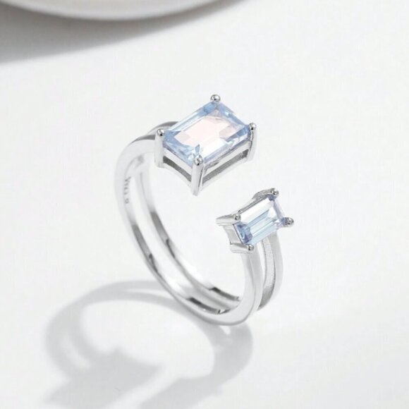 925 Silver Emerald Cut CZ Ring Stone Light Blue Cuff Ring Modern Sz 6 - 9 - Picture 1 of 6